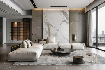 beautiful modern living room interior with marble accent wall and large sofa