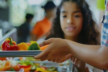 A school girl receiving a colorful and balanced lunch from a caring cafeteria staff member