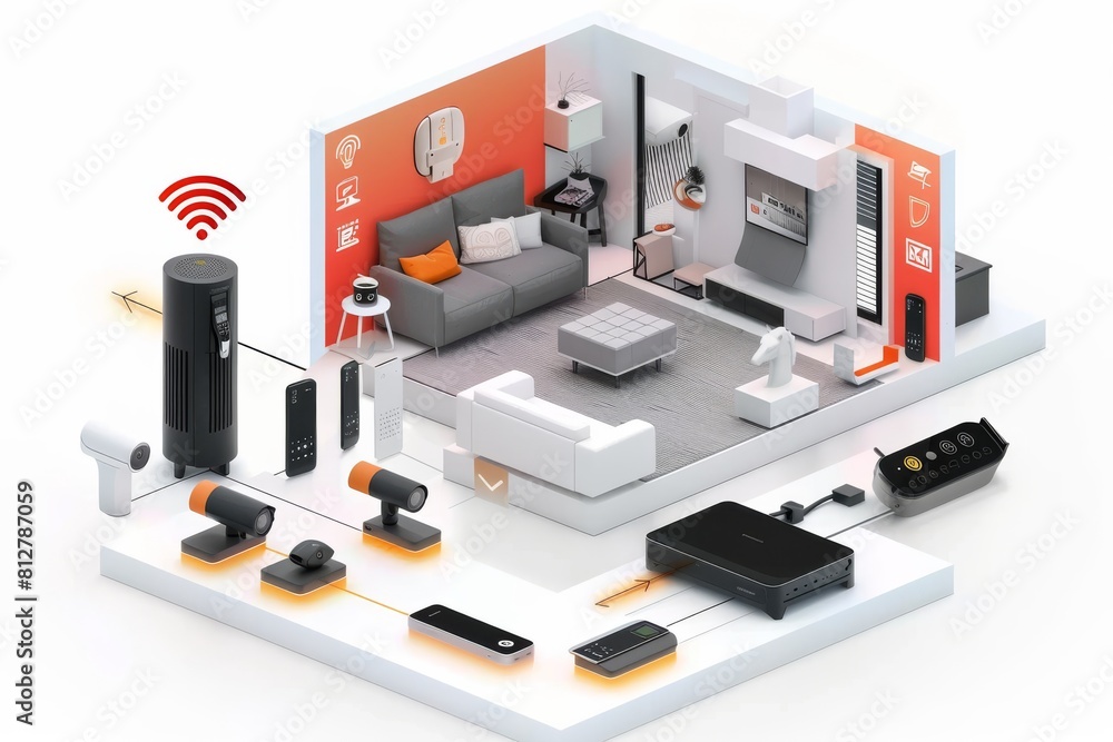 Poster upgrading security technology in homes involves alarms and network stability controls, using cameras