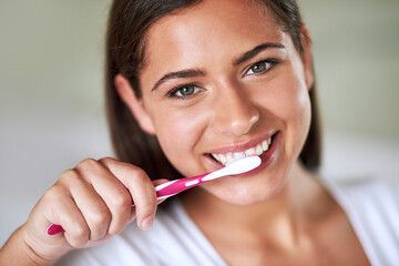 Portrait, woman and smile with toothbrush in home for hygiene and clean teeth. Female person, face...