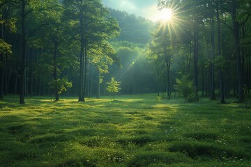 Digital image of  beautiful forest lit up in the sun, high quality, high resolution