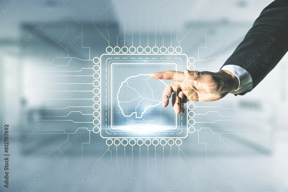 Wall mural man hand working with virtual creative artificial intelligence hologram with human brain sketch on b