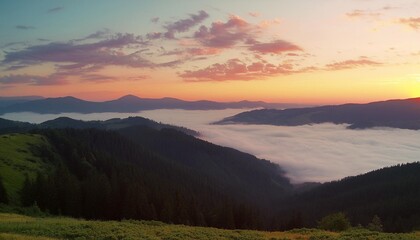 amazing panoramic landscape in the mountains at sunrise view of colorful sky and foggy hills covered by forest concept of the awakening wildlife