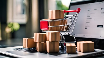 Online shopping concept with miniature shopping cart standing in front of laptop