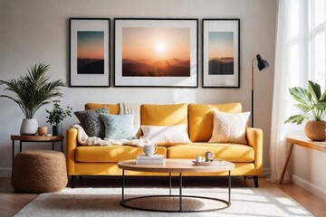 Sunny and bright Scandinavian living room with light color sofa and pillows set, coffee table, and mock-up frame.