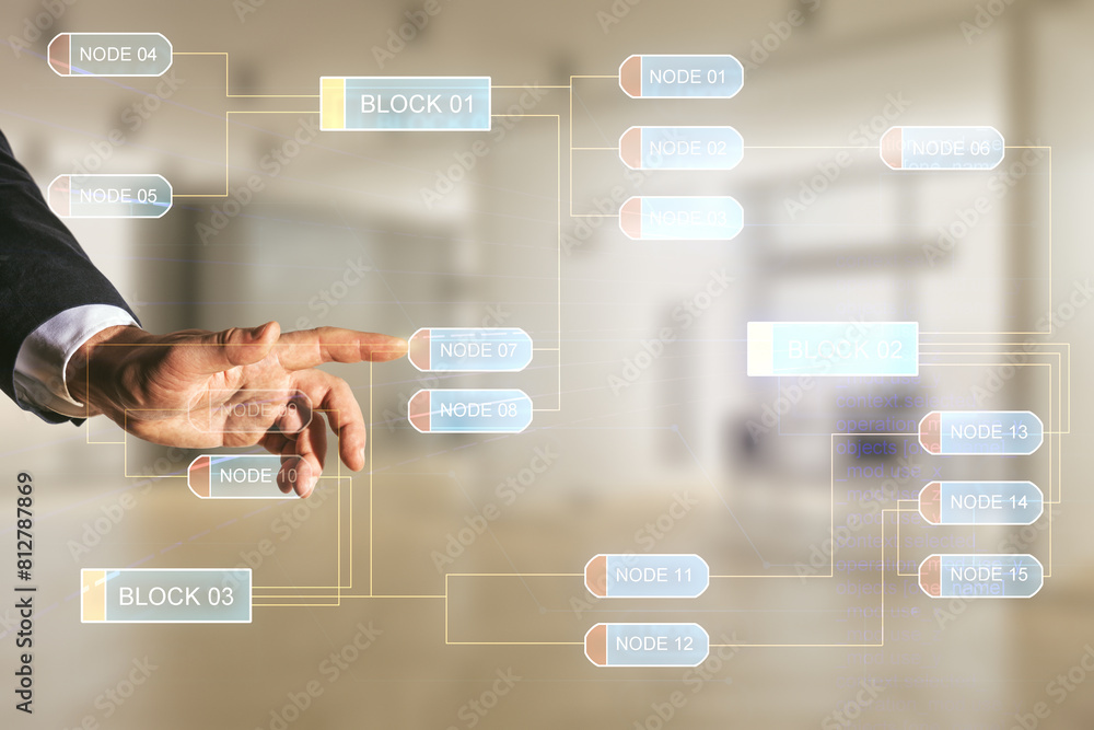 Poster Double exposure of programmer's hand working with abstract creative programming illustration on blurred office background, big data and blockchain concept