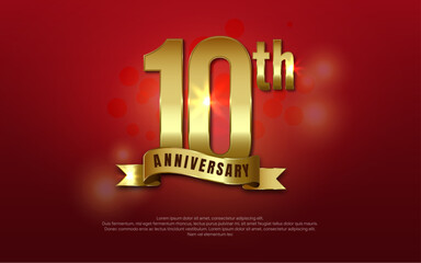Anniversary celebration decoration. golden number 10 with streamer ribbons on red background