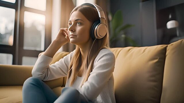 Woman Wearing Headphones Sitting on Couch Generative AI