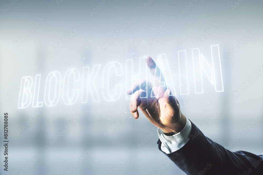 Poster man hand clicks on abstract virtual blockchain technology hologram on blurred office background, cry