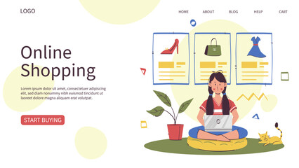Online shopping landing page or web design in a hand-drawn, minimalist, flat design model.