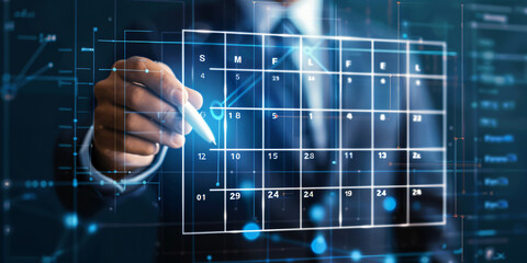 Strategic Planning: Businessman Manager Using Magic Pen to Organize Calendar Reminders on Virtual Screen Interface for Business Growth Strategy, with blue background, generative ai