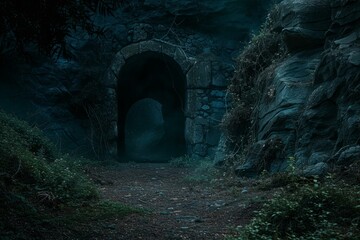 Enchanting photo capturing a dark, ancient tunnel entrance amidst overgrown foliage in a tranquil forest