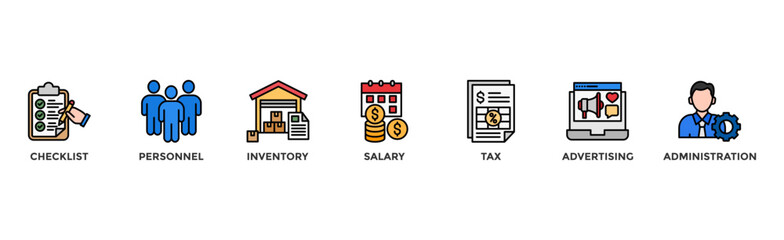 Cost reduction banner web icon illustration concept with icon of checklist, personnel, inventory, salary, tax, advertising and administration