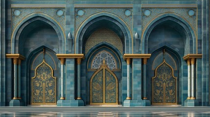 Obraz premium Architectural abstract of a blue and gold building with arched doors
