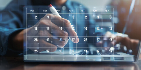 Strategic Planning: Businessman Manager Using Magic Pen with laptop to Organize Calendar Reminders on Virtual Screen Interface, Innovative Technology Concept" generative ai