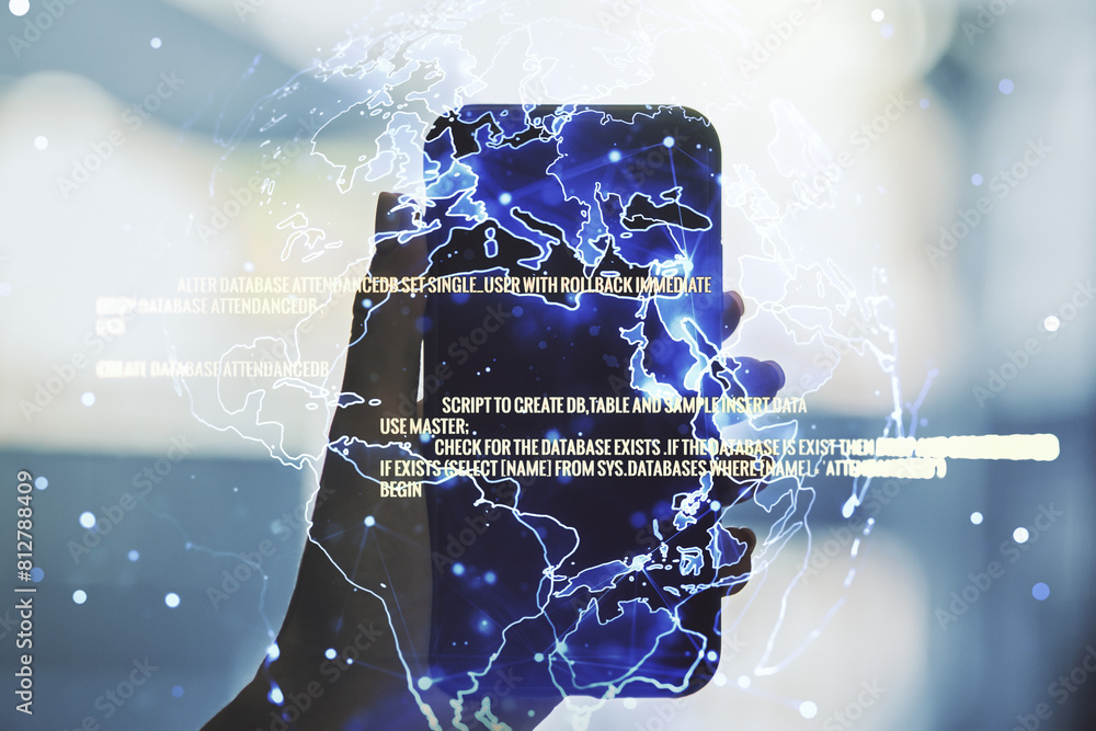 Poster abstract creative coding concept with world map and hand with phone on background. multiexposure