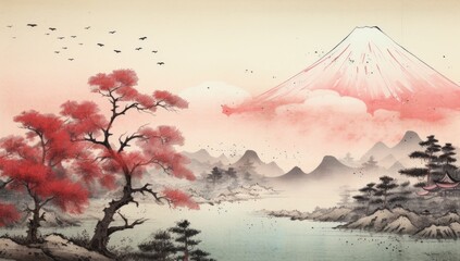 A painting of a mountain range with a large red sun in the background. The sky is filled with stars and the mountains are covered in red.