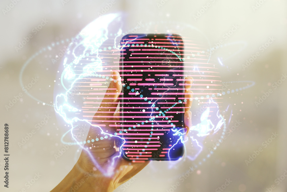 Aufkleber double exposure of abstract digital world map with connections and hand with cellphone on background