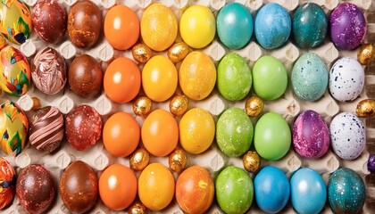 a rainbow of easter eggs full color and top view generative ai