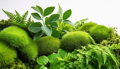 vibrant green nature with lush flora moss and textured patterns on a white background