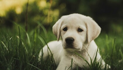 cute labrador dog puppy with white fur lies in the grass