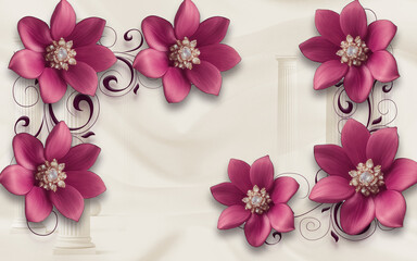  3D flowers Wallpaper on a textured background, suitable for wall , panels, curtains , Wall art .. 