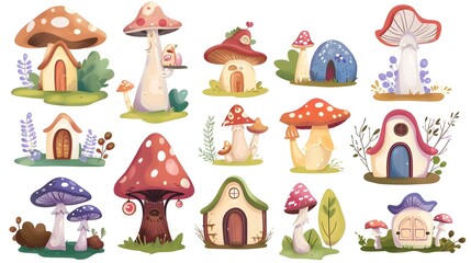 Enchanting Mushroom Houses and Fairy Tale Dwellings in a Lush Whimsical Woodland Landscape