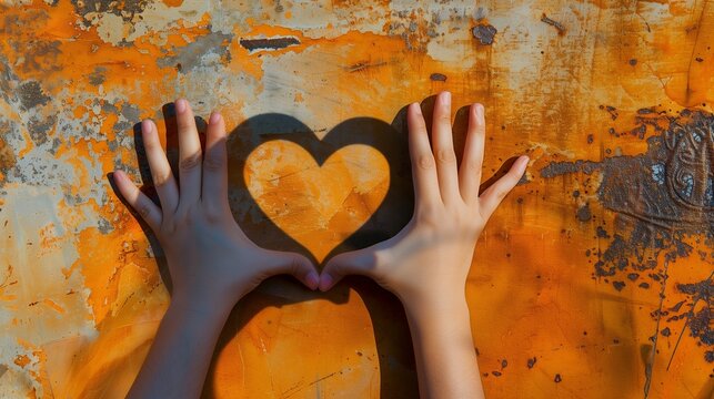 Hands Forming a Heart Shadow Over a Rustic Orange Background, a Metaphor for Heart Health and Compassionate
