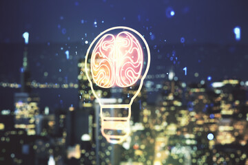 Abstract virtual light bulb illustration with human brain on blurry skyscrapers background, future...