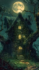 Enchanted Moonlit Cottage in Mysterious Woodland Landscape