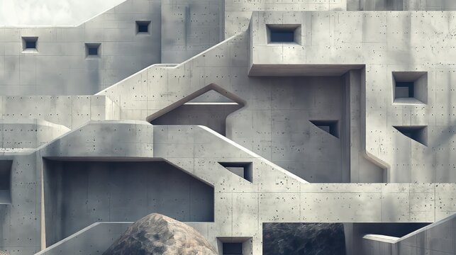 A brutal concrete building stands prominently in the midst of a mountain landscape