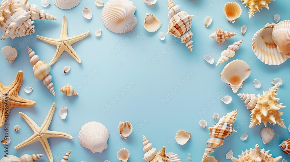 Poster flat lay top view frame of shells of various kinds on a blue background seashells and starfish on a 