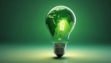 A green environmental ambient light bulb renewable energy with a green globe inside of it on a soft green lighting background 