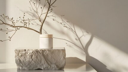 A block of stone with an empty label jar placed on arranged with a tree branch Branding product mockup packaging design for beauty skincare product : Generative AI