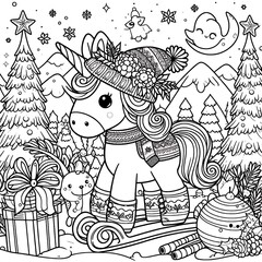 A coloring page of a unicorn image photo card design card design illustrator.