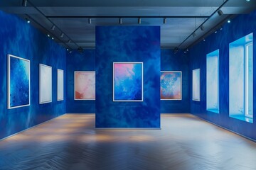 Innovative Art Gallery with Cobalt Blue Walls and Ideal Spaces on Canvas Frames for Mockups,