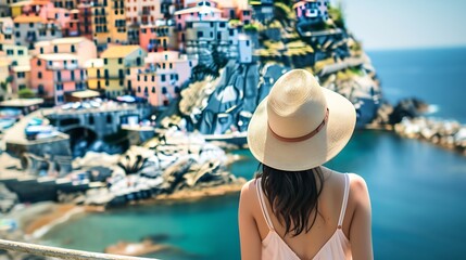 Asian women with a hat visiting Manarola Village Cinque Terre Coast Italy during summer on a sunny...