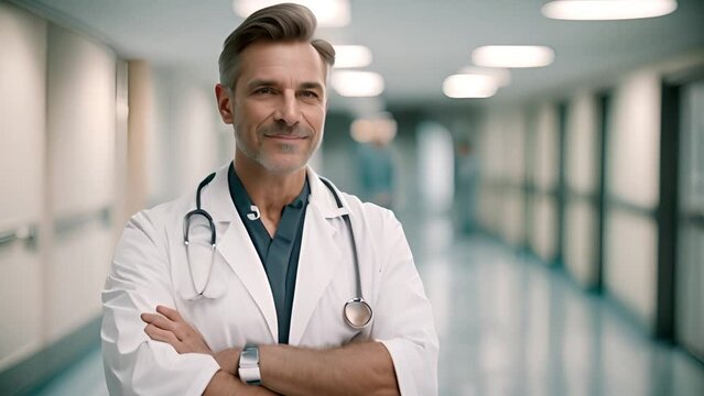 Male Doctor Standing in Hallway With Arms Crossed Generative AI