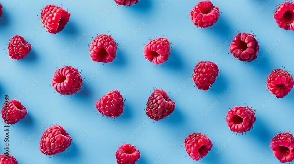 Aufkleber colorful pattern of raspberries on blue background from top view : generative ai