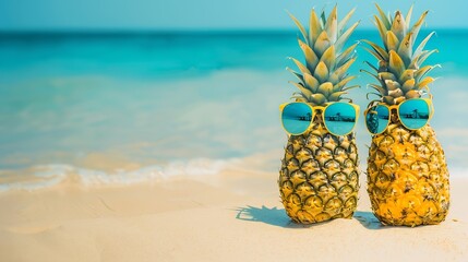 Couple of attractive pineapples in love on the sand against turquoise sea Wearing stylish mirrored sunglasses Tropical summer vacation concept Sunny day on the beach of tropical island : Generative AI