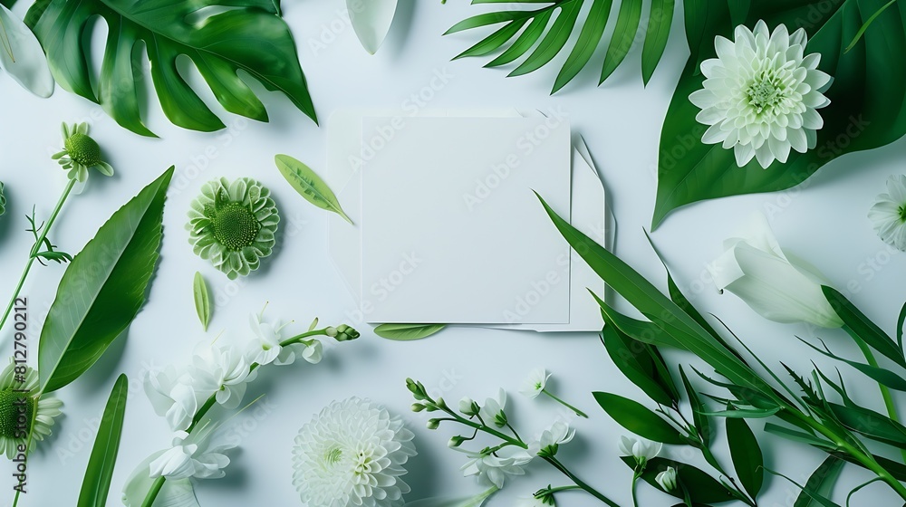 Poster creative layout made of flowers and leaves with paper card note flat lay nature concept : generative