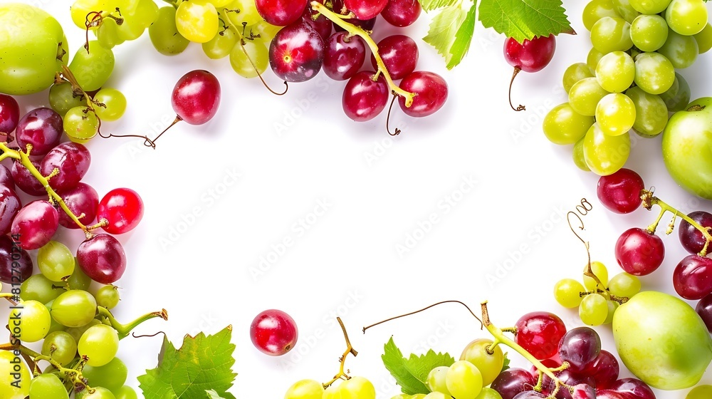 Poster Green and red grape fruit creative  frame and layout isolated on white background Healthy eating and food concept Fresh berries composition and design element Top view flat lay : Generative AI