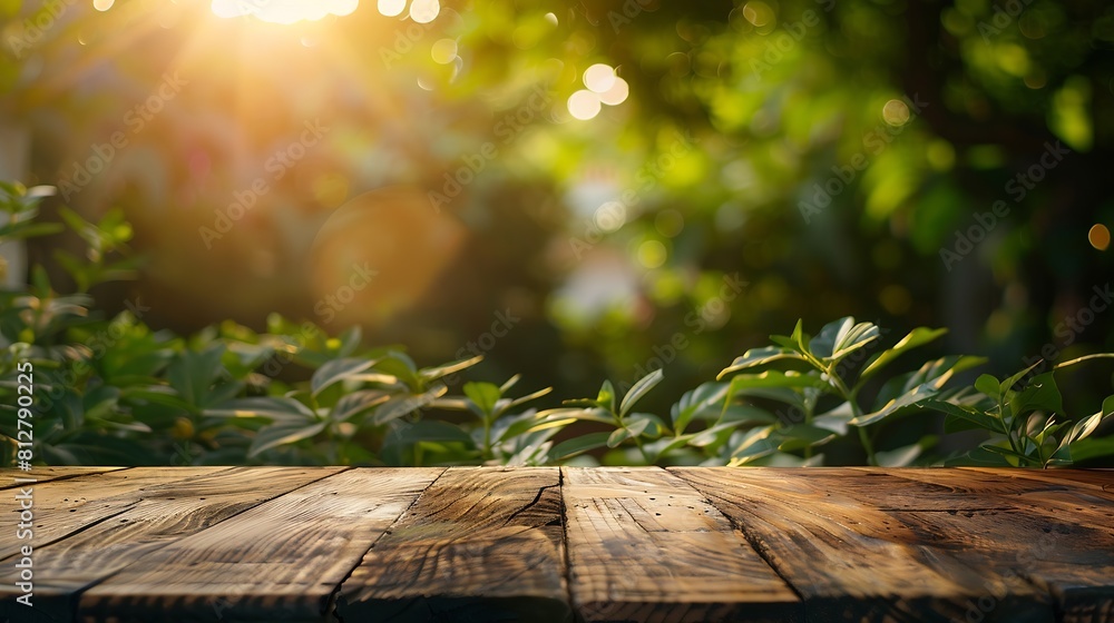 Poster empty wood table top on blur abstract green from garden and house in morning backgroundfor montage p