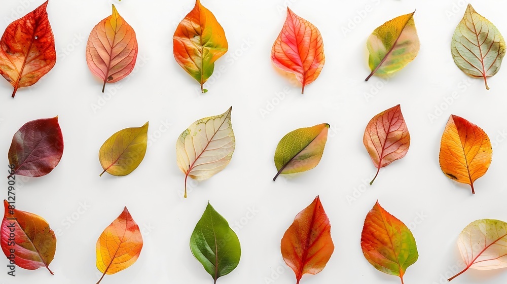 Poster Autumn creative composition Colorful leaves on white background Fall leaves Autumn background Flat lay top view copy space : Generative AI