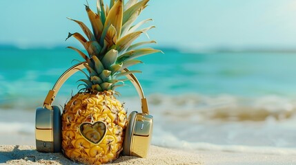 Ripe attractive pineapple in stylish sunglasses heart shape and gold headphones on sand against turquoise  sea water Tropical summer vacation concept Summer sunny day on the beach of t : Generative AI