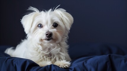 Luxurious Scene Featuring a Pure White Dog Against a Deep Navy Background, Captured with Exceptional Clarity and Detail