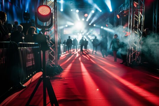 Vibrant red carpet event captured with illuminated spotlights and silhouetted attendees