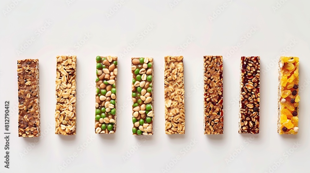 Poster creative layout made of granola bar on the white backgroundflat lay food concept : generative ai