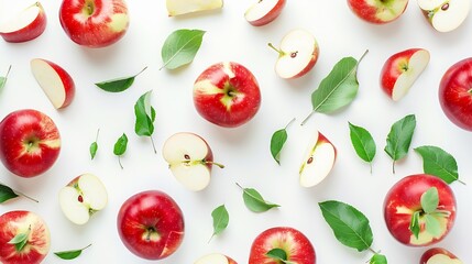 Red apples whole and pieces with leaves on a white background Poster : Generative AI