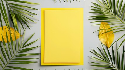 Summer composition Tropical palm leaves yellow paper blank photo frame on pastel gray background Summer concept Flat lay top view copy space : Generative AI